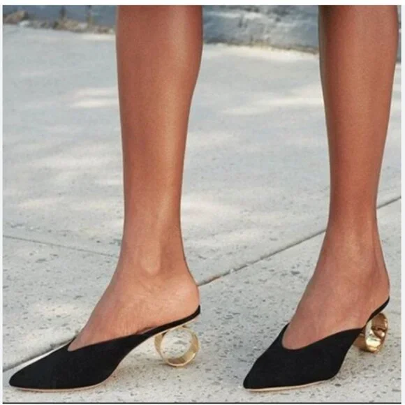 LOEFFLER RANDALL Juno Suede Pointed Toe Mules Slide Circle Metal Heel Sz 9 VGUC - Picture 1 of 6